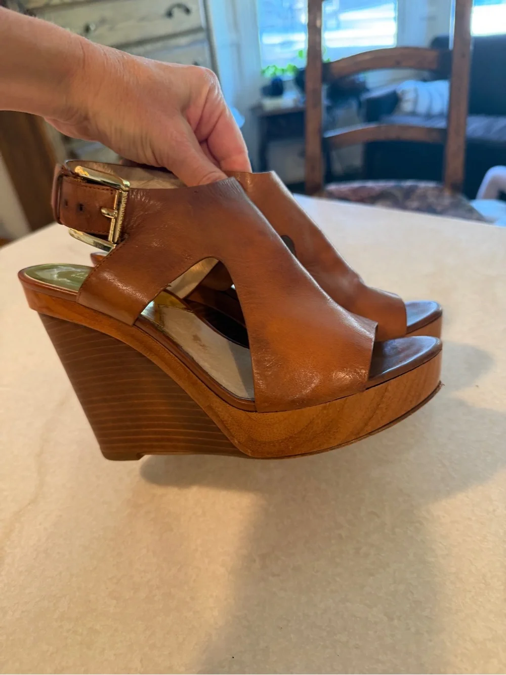 Michael Kors Cognac Leather Cutout Wedge Sandals with Gold Buckle